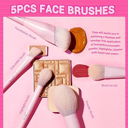 Jessup Pink Makeup Brushes Set 14Pcs Make up Brushes Premium Vegan Fou