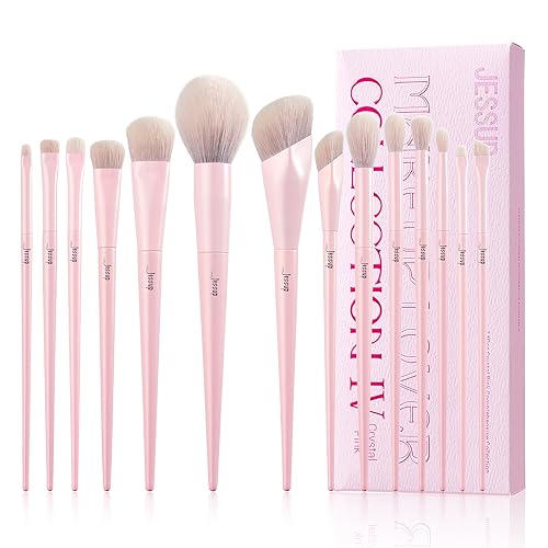 Jessup Pink Makeup Brushes Set 14Pcs Make up Brushes Premium Vegan Fou